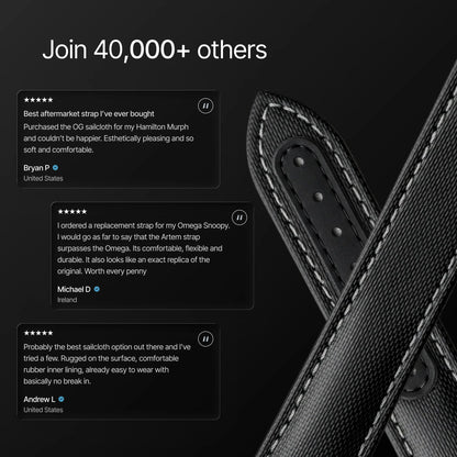 Black leather strap with customer reviews on a dark background
