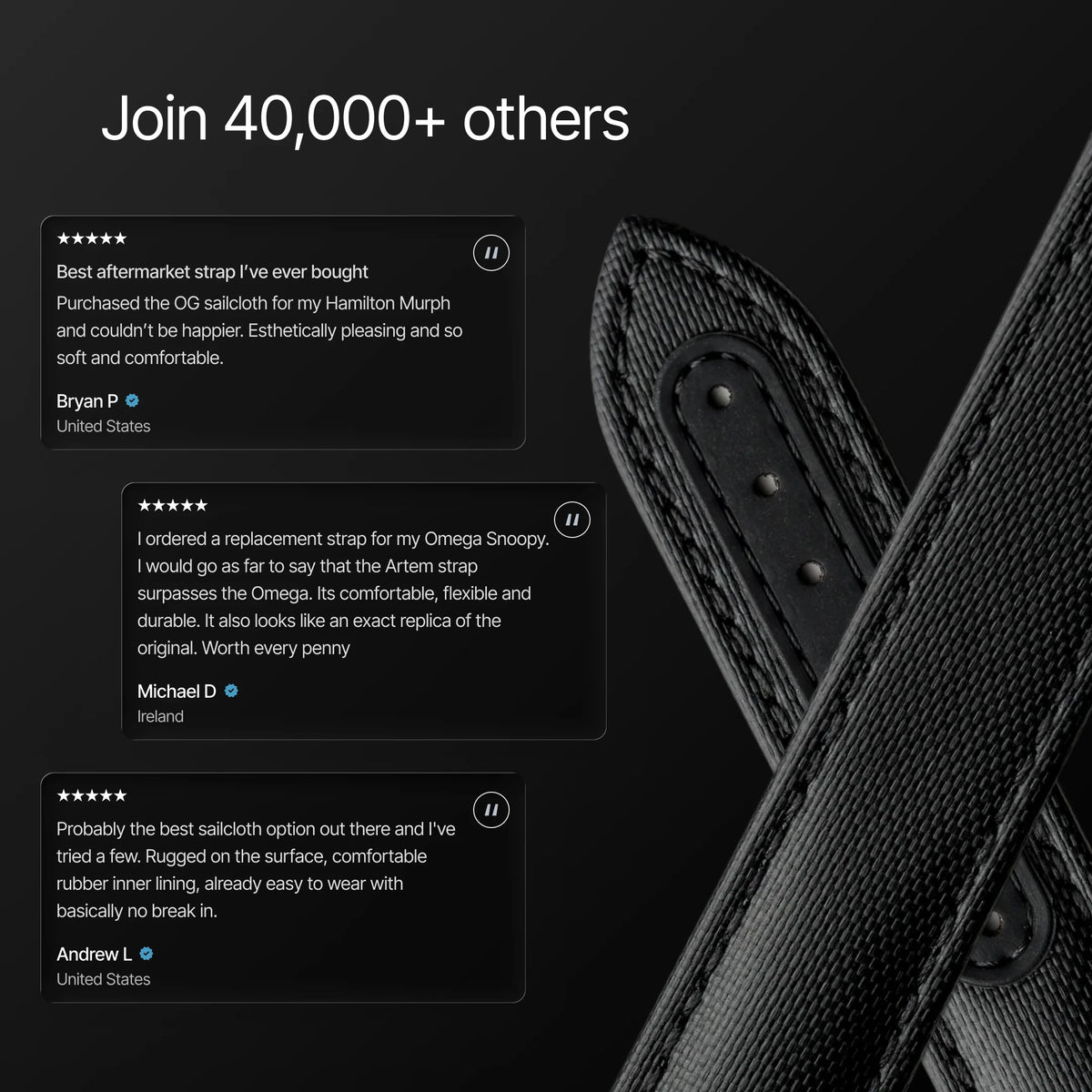Black leather strap with customer reviews on a dark background