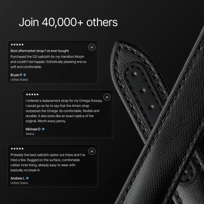 Black leather strap with customer reviews on a dark background