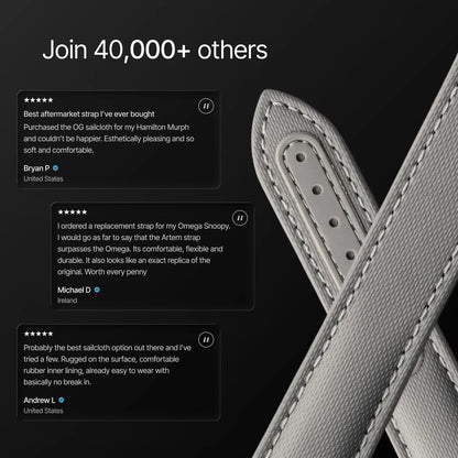 Gray leather strap with customer reviews on a black background
