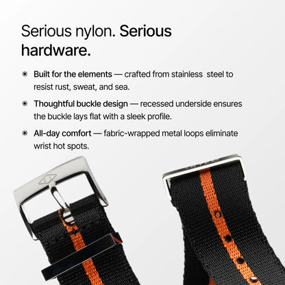 Orange Pin Stripe Nylon Watch Strap explainer