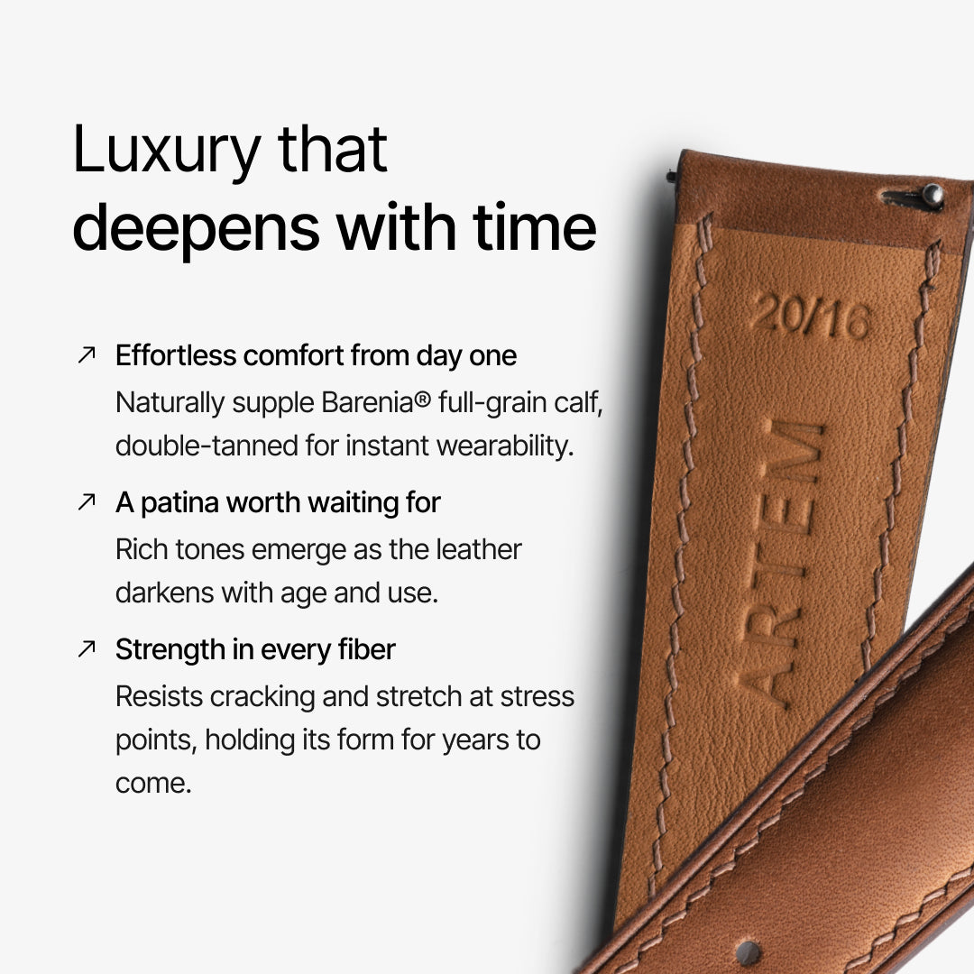 Brown leather strap with 'Artem' branding and text about leather quality on a white background