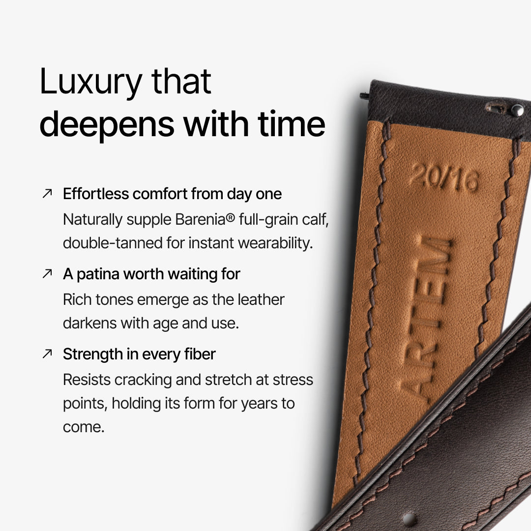 Leather product with branding and text about luxury and durability on a white background