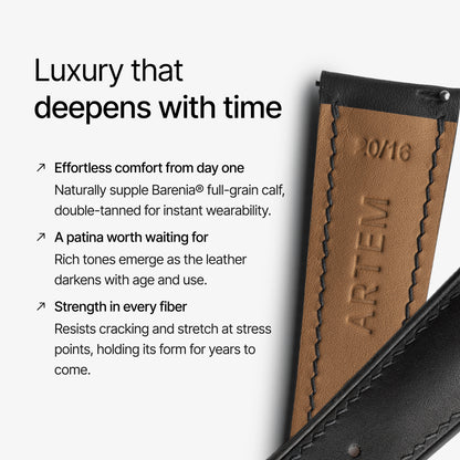 Leather product with 'Artem' branding and text about leather quality and durability.