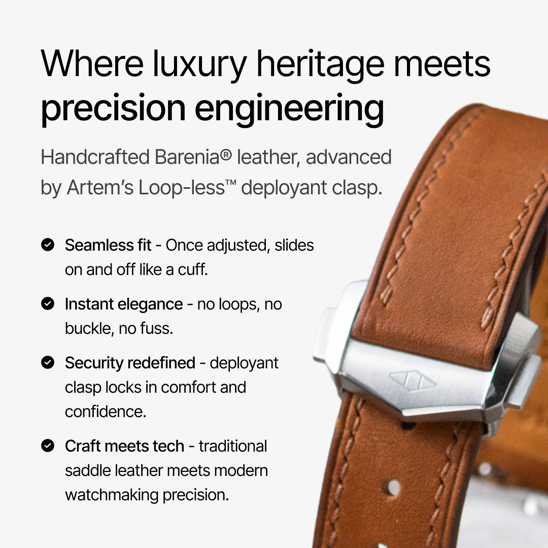 Brown leather watch strap with silver clasp on a white background, featuring text about luxury heritage and precision engineering.