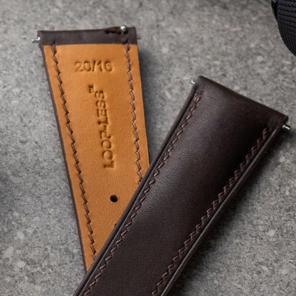 Brown leather strap with stitching on a gray surface